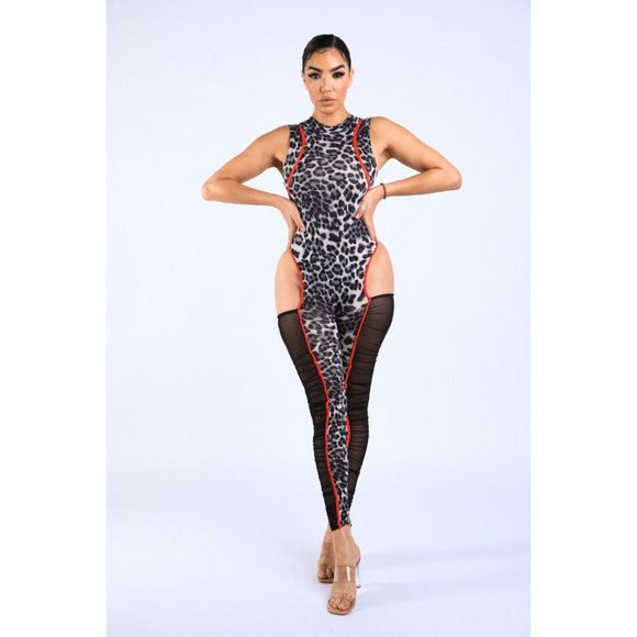 Boutique Pants - Women's Sexy Cut Out Sleeveless Leopard Mesh Shirring Jumpsuit Party Club Night